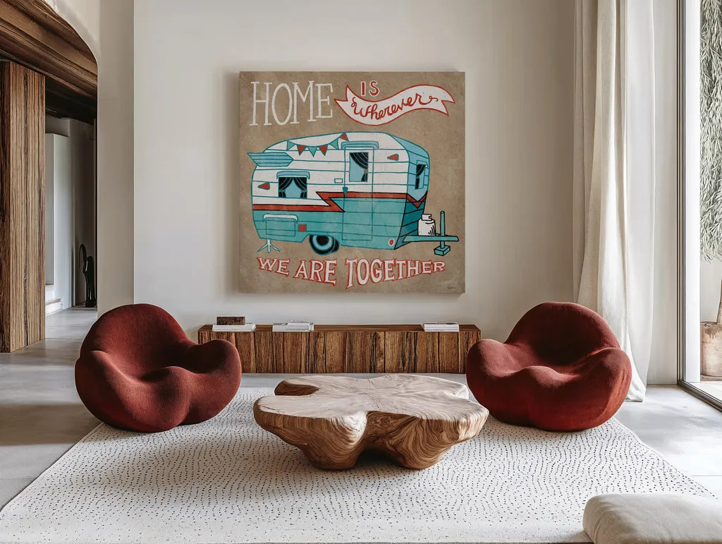 Adventure Love Camper Taupe by Mary Urban. Shown as extra-large giant wall art in a modern living room. Available as an archival giclee rolled canvas, fine art paper, or poster print. SKU 20852a.