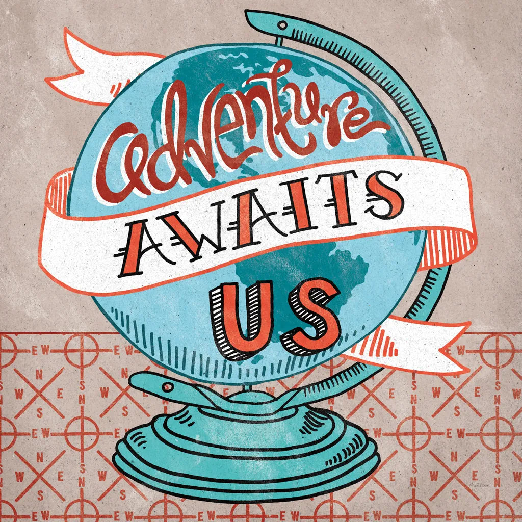 Adventure Love Globe by Mary Urban. SKU 20966a. Archival Giclee Fine art print for wall decor.