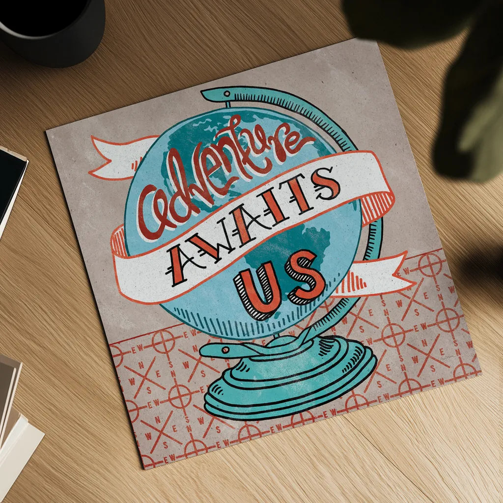 Adventure Love Globe by Mary Urban. Shown as a detailed flat fine art print, highlighting archival giclee quality. Available as an archival giclee rolled canvas, fine art paper, or poster print. SKU 20966a.