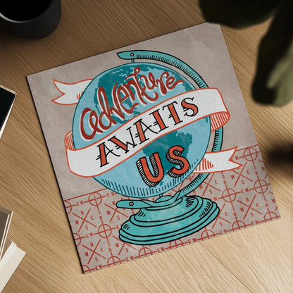 Adventure Love Globe by Mary Urban. Shown as a detailed flat fine art print, highlighting archival giclee quality. Available as an archival giclee rolled canvas, fine art paper, or poster print. SKU 20966a.