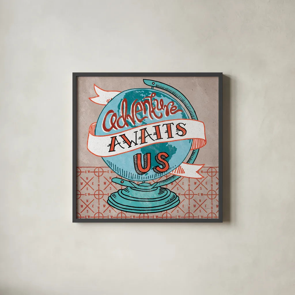 Adventure Love Globe by Mary Urban. Shown in a sleek black glass frame for a contemporary gallery look. Available as an archival giclee rolled canvas, fine art paper, or poster print. SKU 20966a.