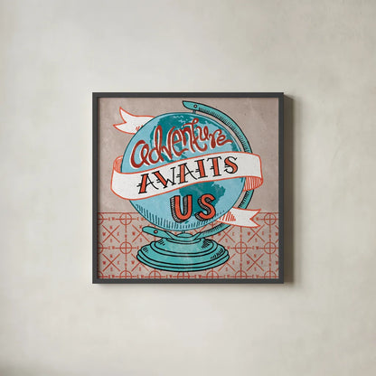 Adventure Love Globe by Mary Urban. Shown in a sleek black glass frame for a contemporary gallery look. Available as an archival giclee rolled canvas, fine art paper, or poster print. SKU 20966a.