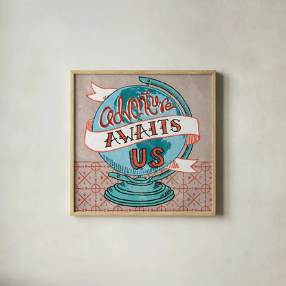 Adventure Love Globe by Mary Urban. Shown in a natural wood glass frame for a timeless modern aesthetic. Available as an archival giclee rolled canvas, fine art paper, or poster print. SKU 20966a.