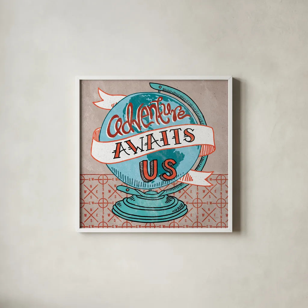 Adventure Love Globe by Mary Urban. Shown in a crisp white glass frame for a clean and minimalist style. Available as an archival giclee rolled canvas, fine art paper, or poster print. SKU 20966a.