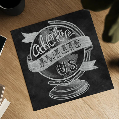 Adventure Love Globe Chalk by Mary Urban. Shown as a detailed flat fine art print, highlighting archival giclee quality. Available as an archival giclee rolled canvas, fine art paper, or poster print. SKU 30516a.