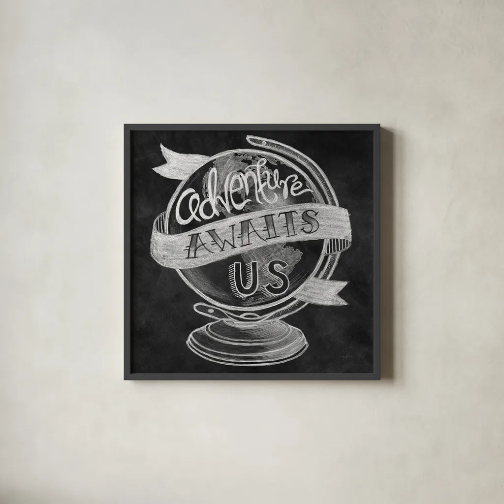 Adventure Love Globe Chalk by Mary Urban. Shown in a sleek black glass frame for a contemporary gallery look. Available as an archival giclee rolled canvas, fine art paper, or poster print. SKU 30516a.