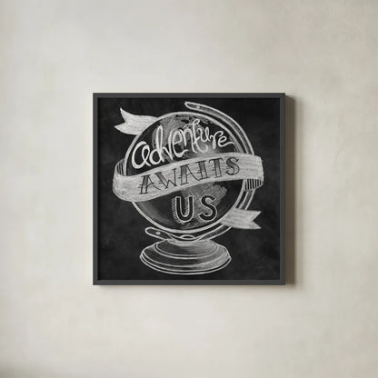 Adventure Love Globe Chalk by Mary Urban. Shown in a sleek black glass frame for a contemporary gallery look. Available as an archival giclee rolled canvas, fine art paper, or poster print. SKU 30516a.