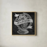 Adventure Love Globe Chalk by Mary Urban. Shown in a natural wood glass frame for a timeless modern aesthetic. Available as an archival giclee rolled canvas, fine art paper, or poster print. SKU 30516a.