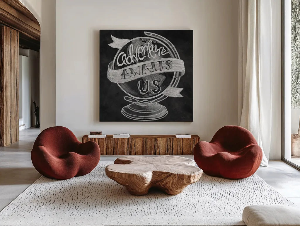 Adventure Love Globe Chalk by Mary Urban. Shown as extra-large giant wall art in a modern living room. Available as an archival giclee rolled canvas, fine art paper, or poster print. SKU 30516a.