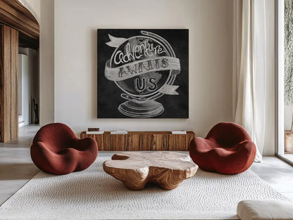 Adventure Love Globe Chalk by Mary Urban. Shown as extra-large giant wall art in a modern living room. Available as an archival giclee rolled canvas, fine art paper, or poster print. SKU 30516a.