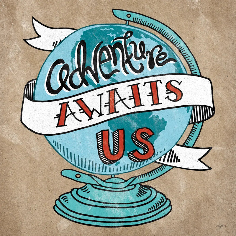 Adventure Love Globe Taupe by Mary Urban. SKU 20853a. Archival Giclee Fine art print for wall decor.