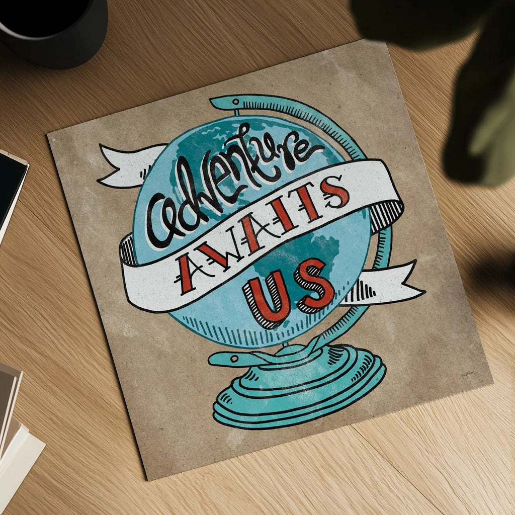 Adventure Love Globe Taupe by Mary Urban. Shown as a detailed flat fine art print, highlighting archival giclee quality. Available as an archival giclee rolled canvas, fine art paper, or poster print. SKU 20853a.