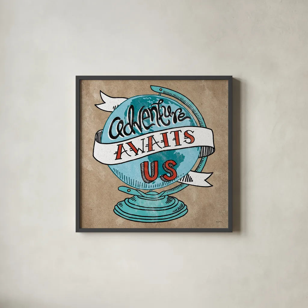 Adventure Love Globe Taupe by Mary Urban. Shown in a sleek black glass frame for a contemporary gallery look. Available as an archival giclee rolled canvas, fine art paper, or poster print. SKU 20853a.