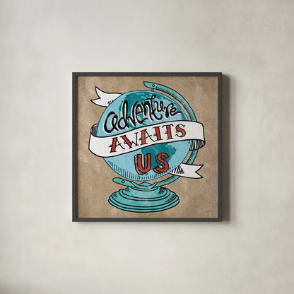 Adventure Love Globe Taupe by Mary Urban. Shown in a sleek black glass frame for a contemporary gallery look. Available as an archival giclee rolled canvas, fine art paper, or poster print. SKU 20853a.