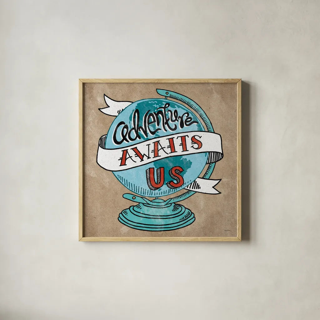 Adventure Love Globe Taupe by Mary Urban. Shown in a natural wood glass frame for a timeless modern aesthetic. Available as an archival giclee rolled canvas, fine art paper, or poster print. SKU 20853a.