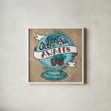Adventure Love Globe Taupe by Mary Urban. Shown in a crisp white glass frame for a clean and minimalist style. Available as an archival giclee rolled canvas, fine art paper, or poster print. SKU 20853a.