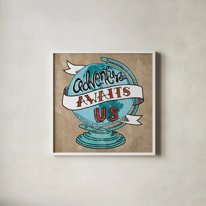 Adventure Love Globe Taupe by Mary Urban. Shown in a crisp white glass frame for a clean and minimalist style. Available as an archival giclee rolled canvas, fine art paper, or poster print. SKU 20853a.