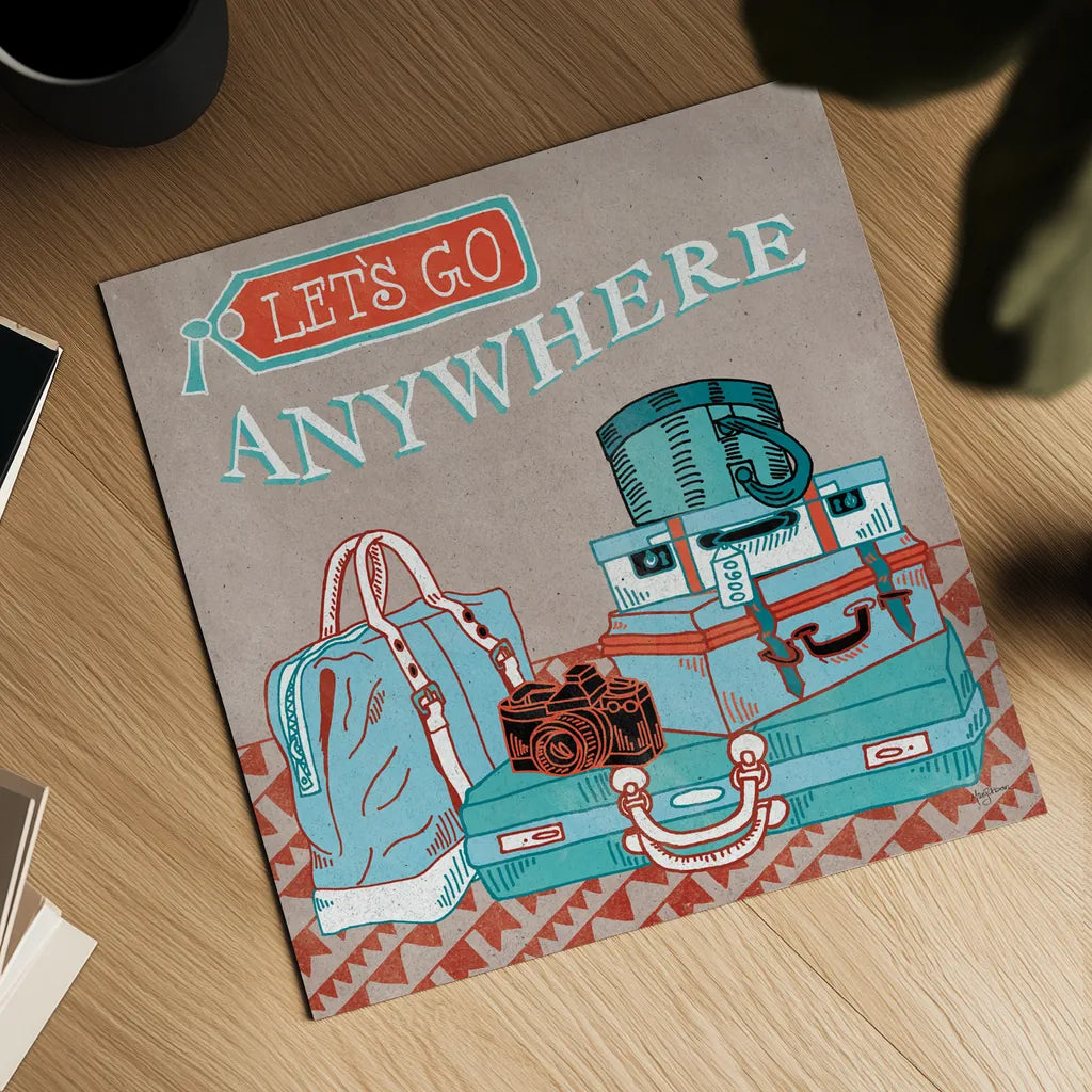 Adventure Love Suitcase by Mary Urban. Shown as a detailed flat fine art print, highlighting archival giclee quality. Available as an archival giclee rolled canvas, fine art paper, or poster print. SKU 20964a.