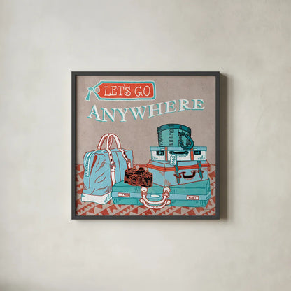 Adventure Love Suitcase by Mary Urban. Shown in a sleek black glass frame for a contemporary gallery look. Available as an archival giclee rolled canvas, fine art paper, or poster print. SKU 20964a.