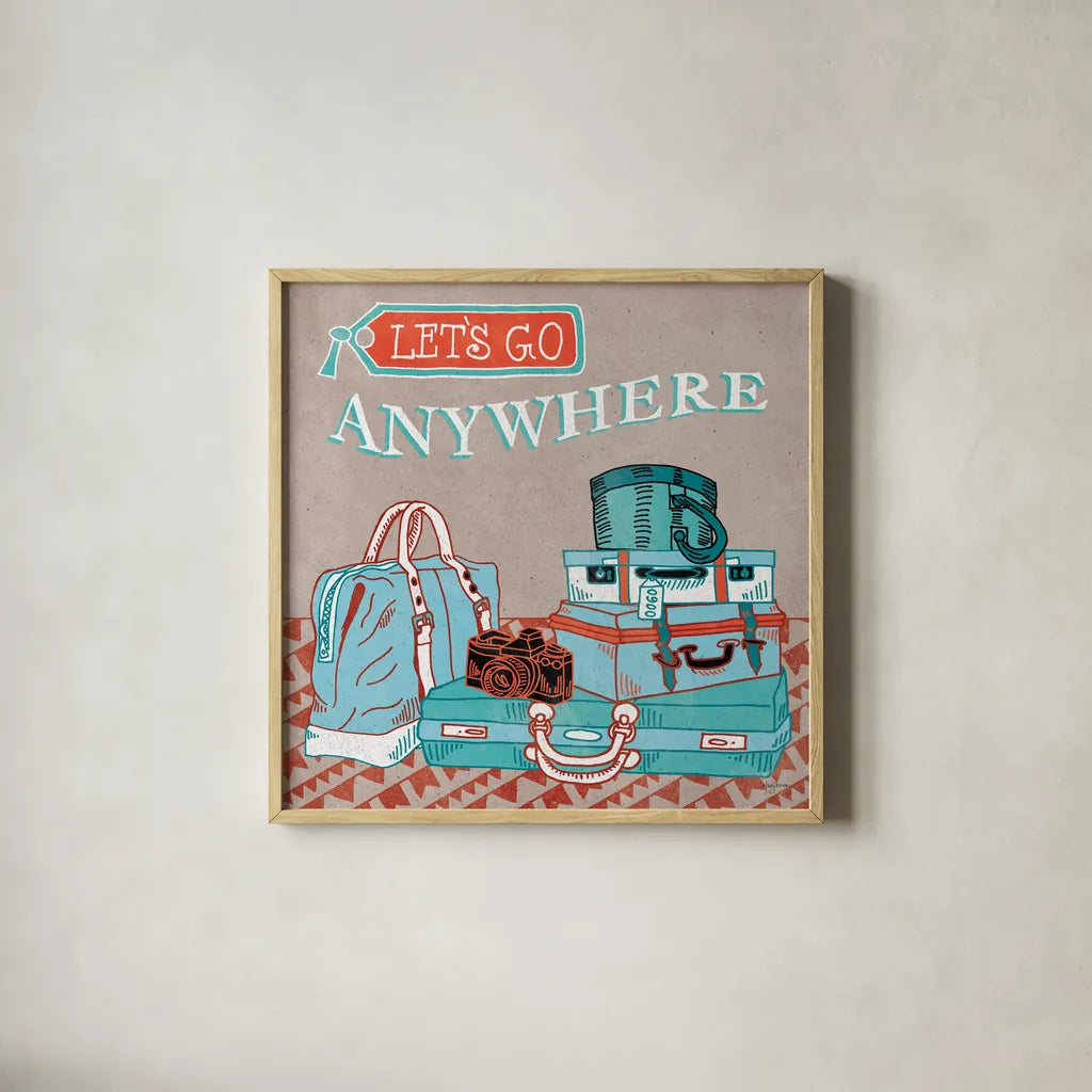Adventure Love Suitcase by Mary Urban. Shown in a natural wood glass frame for a timeless modern aesthetic. Available as an archival giclee rolled canvas, fine art paper, or poster print. SKU 20964a.