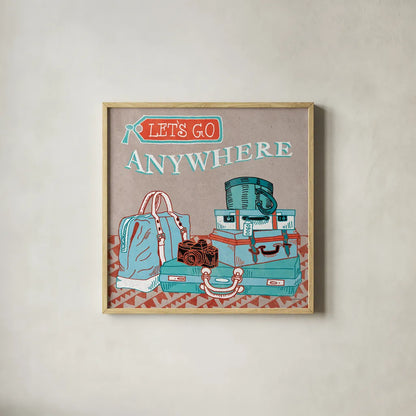 Adventure Love Suitcase by Mary Urban. Shown in a natural wood glass frame for a timeless modern aesthetic. Available as an archival giclee rolled canvas, fine art paper, or poster print. SKU 20964a.