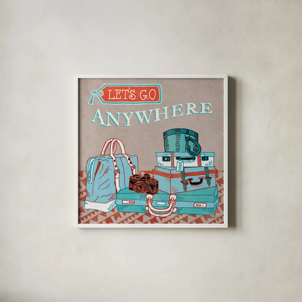 Adventure Love Suitcase by Mary Urban. Shown in a crisp white glass frame for a clean and minimalist style. Available as an archival giclee rolled canvas, fine art paper, or poster print. SKU 20964a.