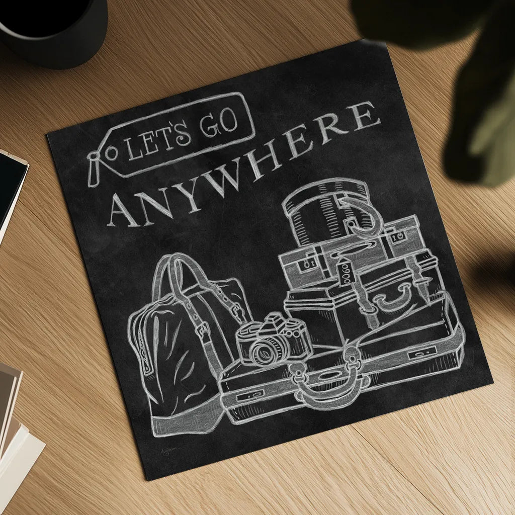 Adventure Love Suitcase Chalk by Mary Urban. Shown as a detailed flat fine art print, highlighting archival giclee quality. Available as an archival giclee rolled canvas, fine art paper, or poster print. SKU 30515a.