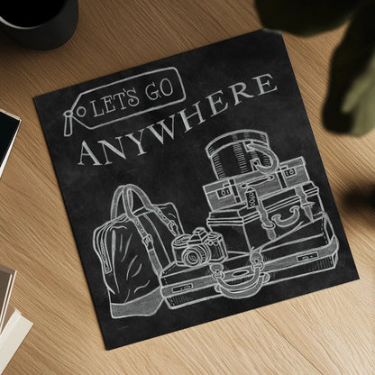 Adventure Love Suitcase Chalk by Mary Urban. Shown as a detailed flat fine art print, highlighting archival giclee quality. Available as an archival giclee rolled canvas, fine art paper, or poster print. SKU 30515a.