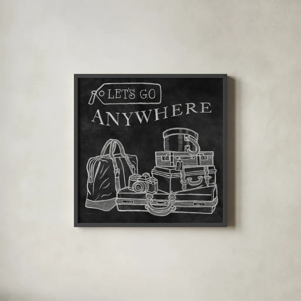 Adventure Love Suitcase Chalk by Mary Urban. Shown in a sleek black glass frame for a contemporary gallery look. Available as an archival giclee rolled canvas, fine art paper, or poster print. SKU 30515a.