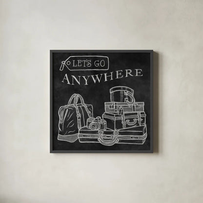 Adventure Love Suitcase Chalk by Mary Urban. Shown in a sleek black glass frame for a contemporary gallery look. Available as an archival giclee rolled canvas, fine art paper, or poster print. SKU 30515a.