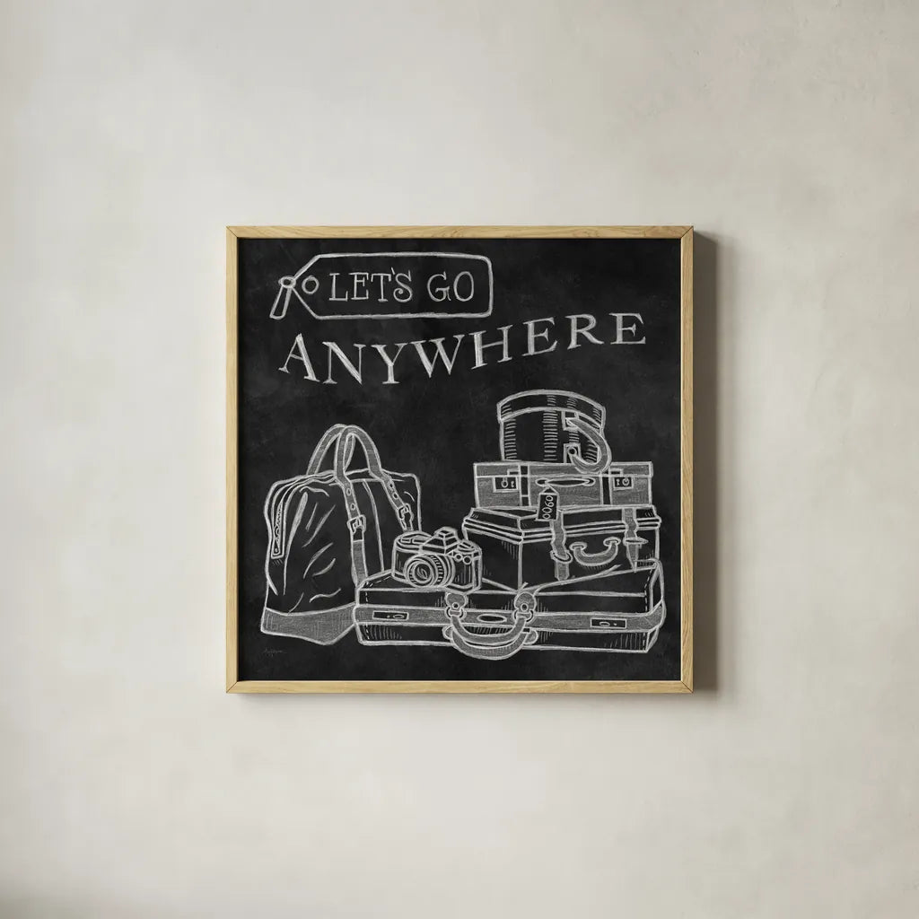 Adventure Love Suitcase Chalk by Mary Urban. Shown in a natural wood glass frame for a timeless modern aesthetic. Available as an archival giclee rolled canvas, fine art paper, or poster print. SKU 30515a.