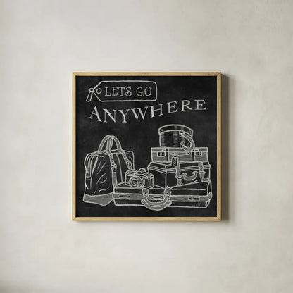Adventure Love Suitcase Chalk by Mary Urban. Shown in a natural wood glass frame for a timeless modern aesthetic. Available as an archival giclee rolled canvas, fine art paper, or poster print. SKU 30515a.