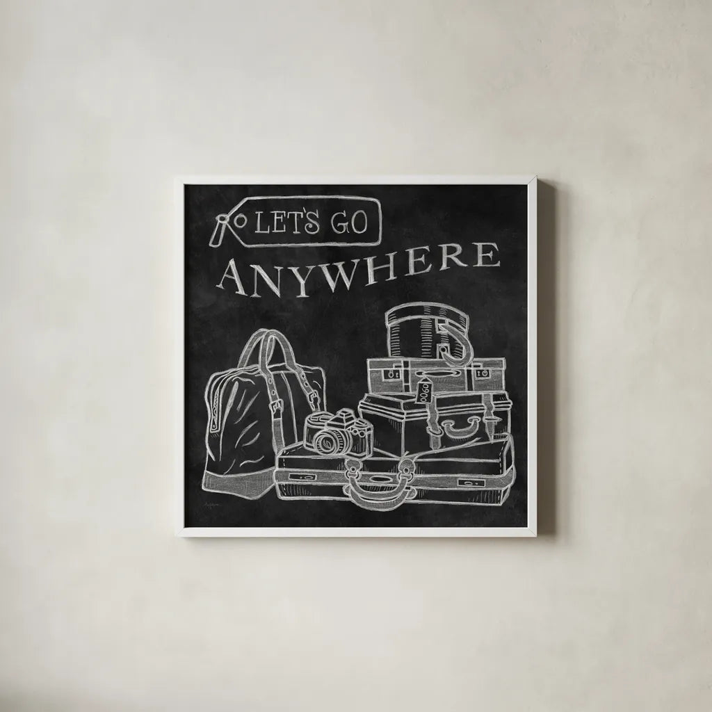 Adventure Love Suitcase Chalk by Mary Urban. Shown in a crisp white glass frame for a clean and minimalist style. Available as an archival giclee rolled canvas, fine art paper, or poster print. SKU 30515a.