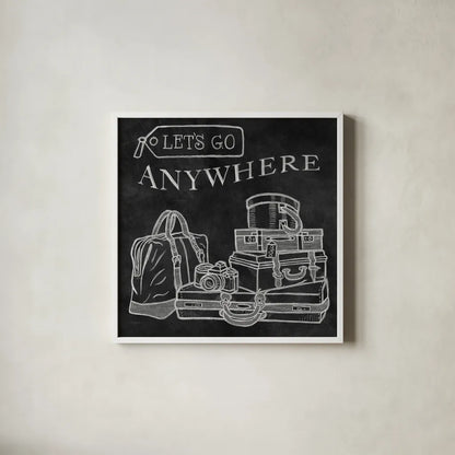 Adventure Love Suitcase Chalk by Mary Urban. Shown in a crisp white glass frame for a clean and minimalist style. Available as an archival giclee rolled canvas, fine art paper, or poster print. SKU 30515a.