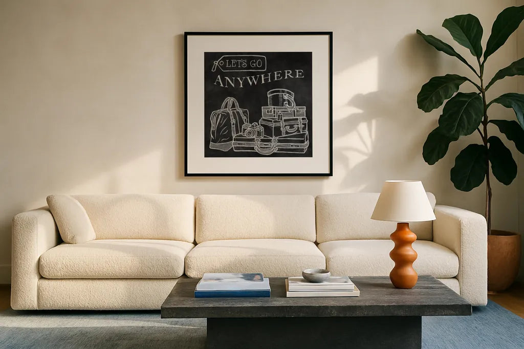 Adventure Love Suitcase Chalk by Mary Urban. Displayed in a glass frame with matte in a clean modern living room. Available as an archival giclee rolled canvas, fine art paper, or poster print. SKU 30515a.