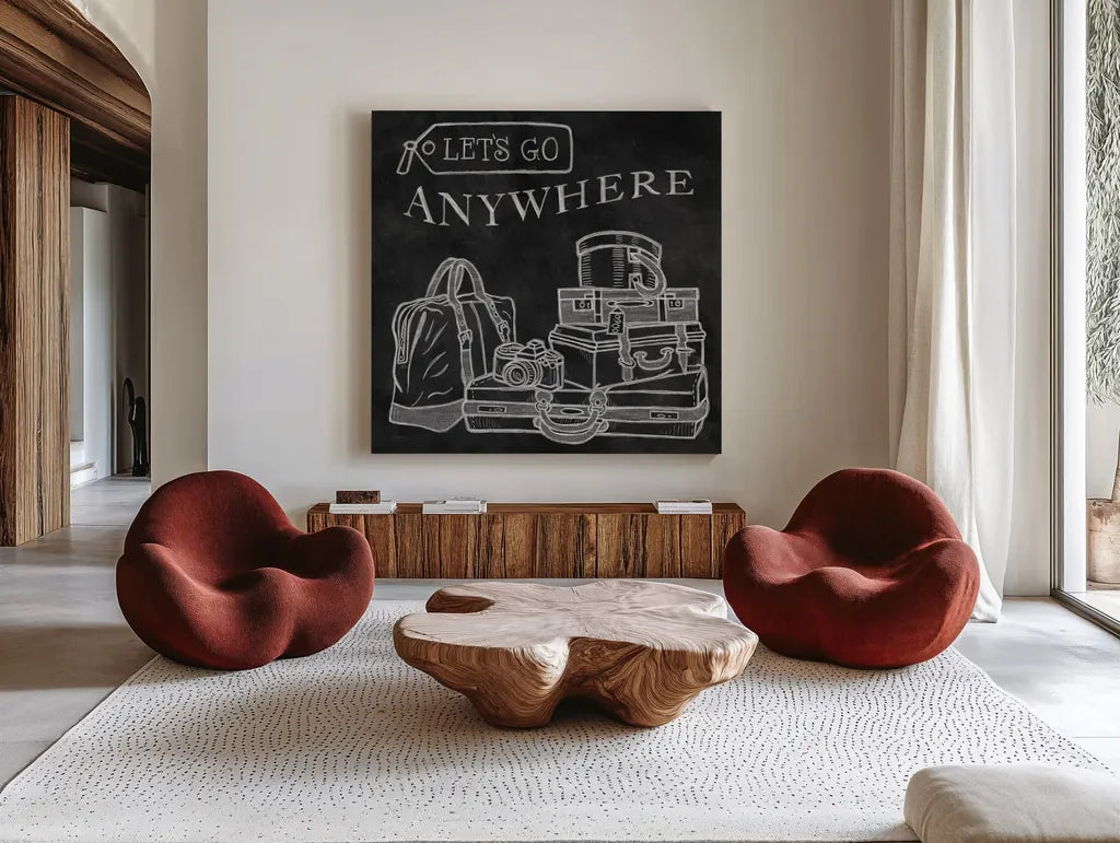 Adventure Love Suitcase Chalk by Mary Urban. Shown as extra-large giant wall art in a modern living room. Available as an archival giclee rolled canvas, fine art paper, or poster print. SKU 30515a.
