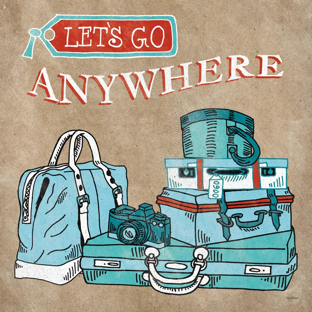 Adventure Love Suitcase Taupe by Mary Urban. SKU 20854a. Archival Giclee Fine art print for wall decor.