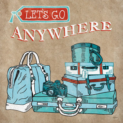 Adventure Love Suitcase Taupe by Mary Urban. SKU 20854a. Archival Giclee Fine art print for wall decor.