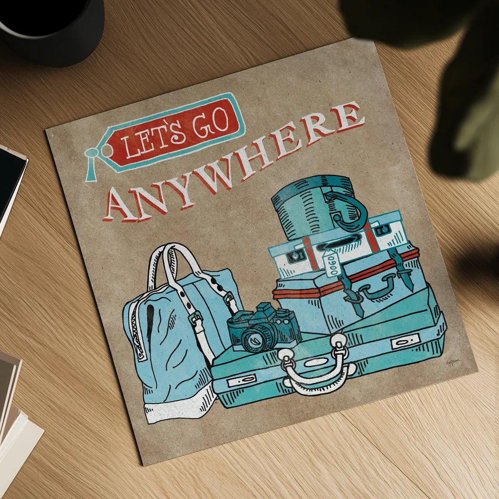 Adventure Love Suitcase Taupe by Mary Urban. Shown as a detailed flat fine art print, highlighting archival giclee quality. Available as an archival giclee rolled canvas, fine art paper, or poster print. SKU 20854a.