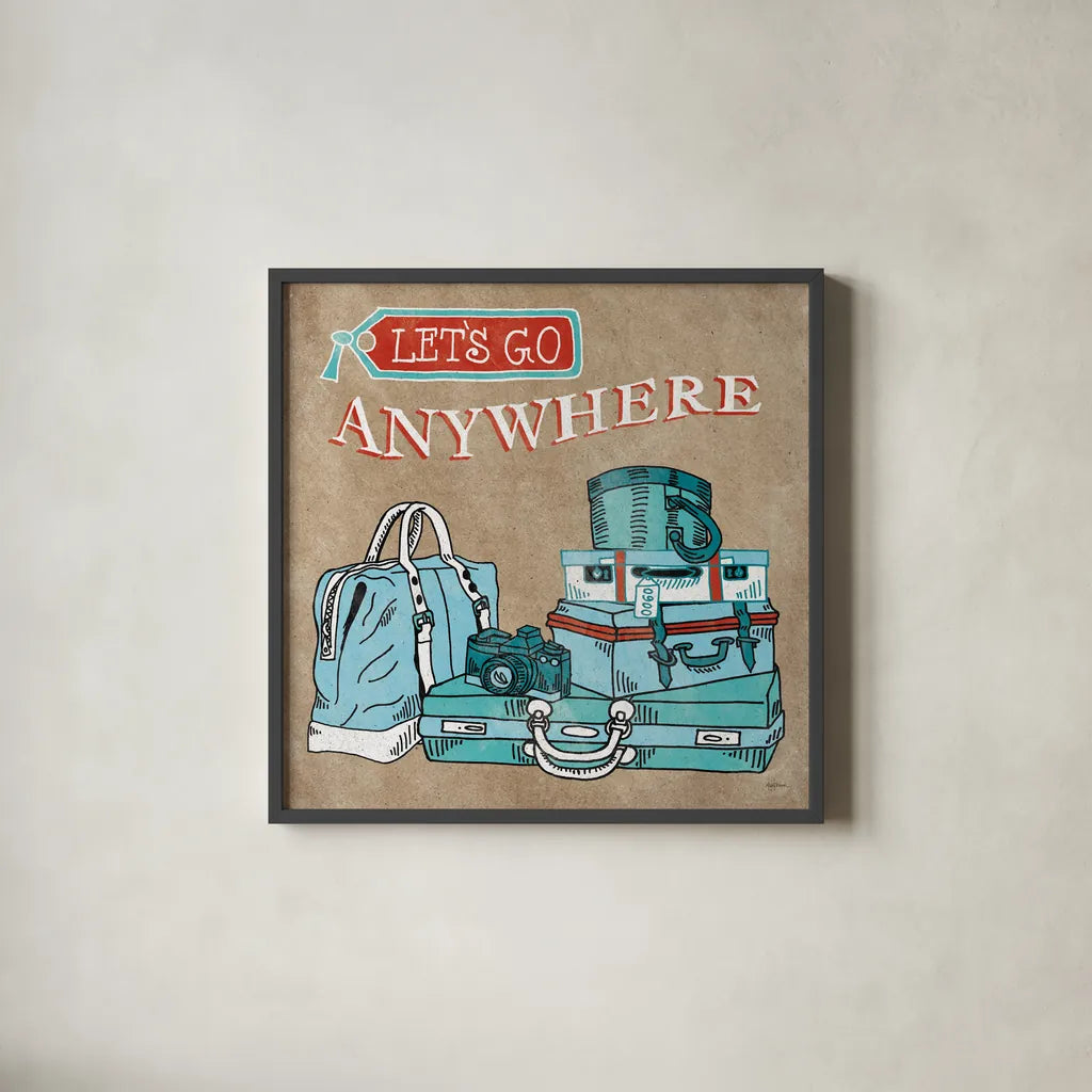 Adventure Love Suitcase Taupe by Mary Urban. Shown in a sleek black glass frame for a contemporary gallery look. Available as an archival giclee rolled canvas, fine art paper, or poster print. SKU 20854a.