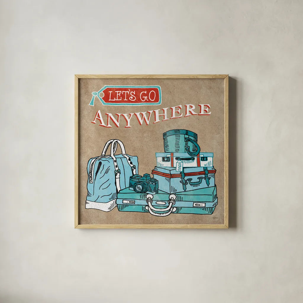 Adventure Love Suitcase Taupe by Mary Urban. Shown in a natural wood glass frame for a timeless modern aesthetic. Available as an archival giclee rolled canvas, fine art paper, or poster print. SKU 20854a.