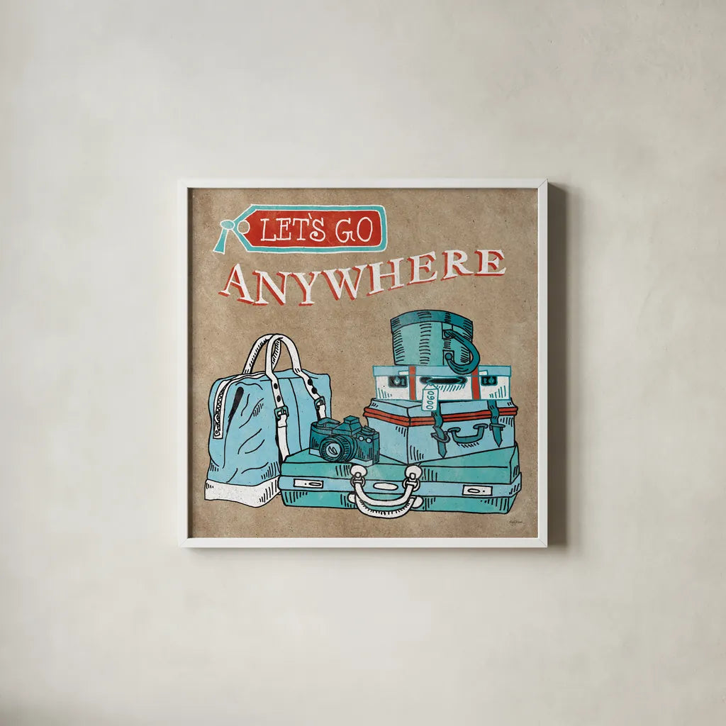 Adventure Love Suitcase Taupe by Mary Urban. Shown in a crisp white glass frame for a clean and minimalist style. Available as an archival giclee rolled canvas, fine art paper, or poster print. SKU 20854a.