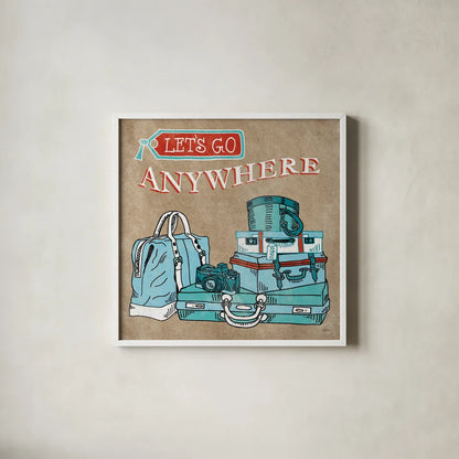 Adventure Love Suitcase Taupe by Mary Urban. Shown in a crisp white glass frame for a clean and minimalist style. Available as an archival giclee rolled canvas, fine art paper, or poster print. SKU 20854a.