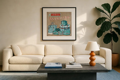 Adventure Love Suitcase Taupe by Mary Urban. Displayed in a glass frame with matte in a clean modern living room. Available as an archival giclee rolled canvas, fine art paper, or poster print. SKU 20854a.