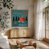 Adventure Love Tent by Mary Urban. Shown in a natural wood frame in a cozy modern living room. Available as an archival giclee rolled canvas, fine art paper, or poster print. SKU 30520a.