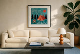 Adventure Love Tent by Mary Urban. Displayed in a glass frame with matte in a clean modern living room. Available as an archival giclee rolled canvas, fine art paper, or poster print. SKU 30520a.