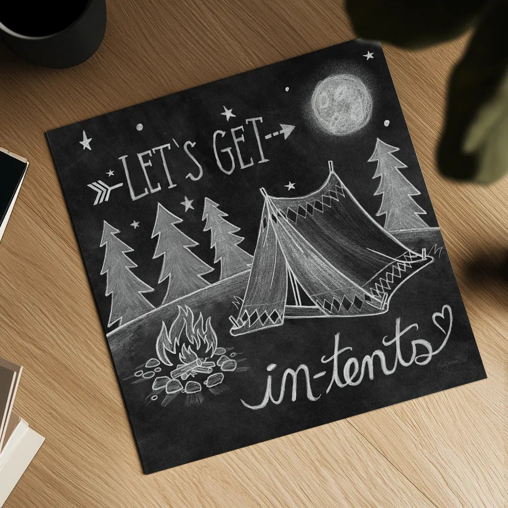 Adventure Love Tent Chalk by Mary Urban. Shown as a detailed flat fine art print, highlighting archival giclee quality. Available as an archival giclee rolled canvas, fine art paper, or poster print. SKU 30514a.