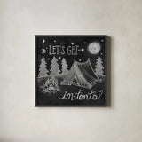Adventure Love Tent Chalk by Mary Urban. Shown in a sleek black glass frame for a contemporary gallery look. Available as an archival giclee rolled canvas, fine art paper, or poster print. SKU 30514a.