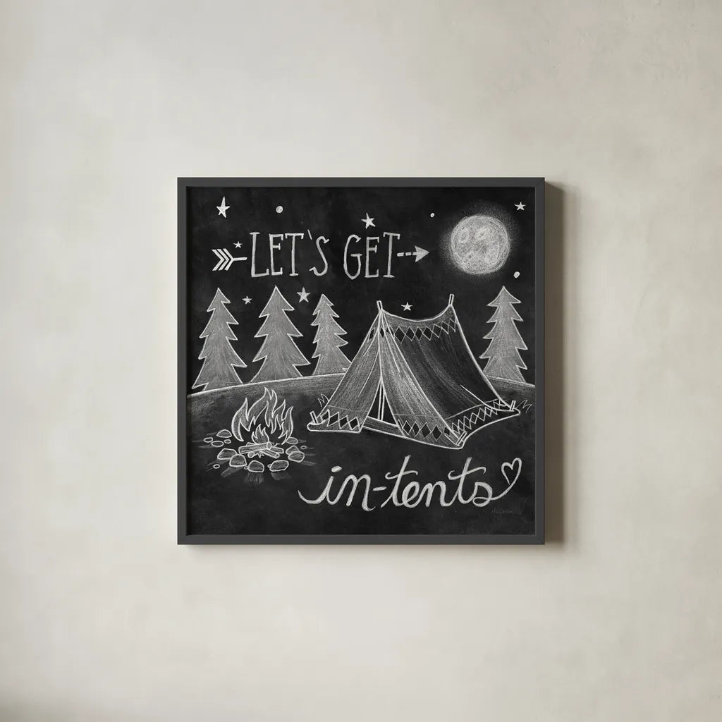 Adventure Love Tent Chalk by Mary Urban. Shown in a sleek black glass frame for a contemporary gallery look. Available as an archival giclee rolled canvas, fine art paper, or poster print. SKU 30514a.