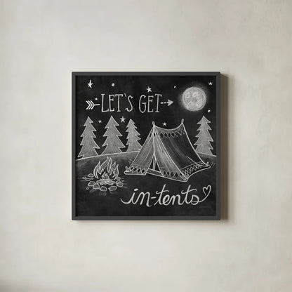 Adventure Love Tent Chalk by Mary Urban. Shown in a sleek black glass frame for a contemporary gallery look. Available as an archival giclee rolled canvas, fine art paper, or poster print. SKU 30514a.